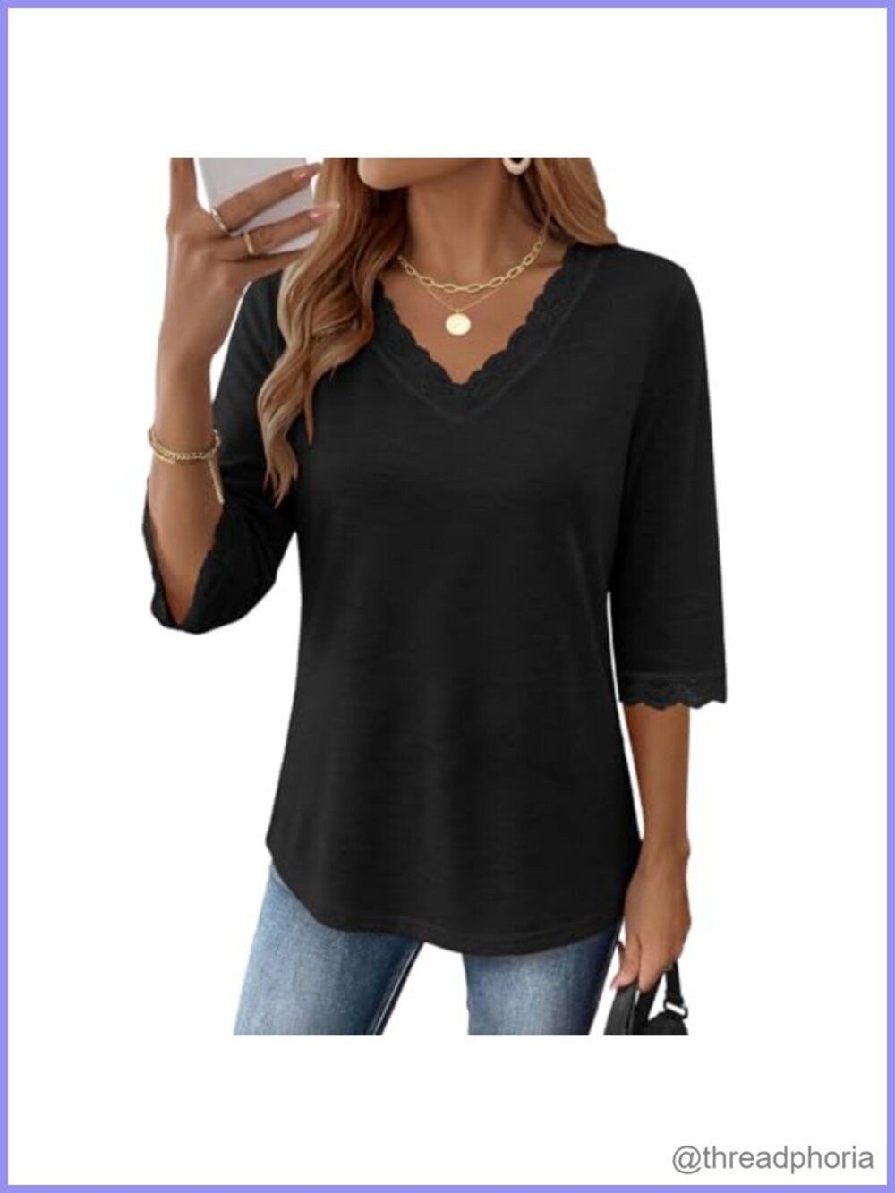 Womens Lace V Neck 3/4 Sleeve Tunic Top Dressy Casual Blouse